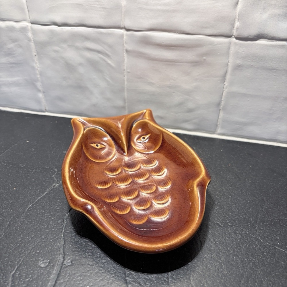 Vintage Villeroy & Boch Owl Spoon Rest Trinket Dish Brown Ceramic MCM 5" Germany